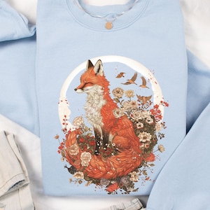 Sudadera de zorro estilo cottagecore, jersey unisex de cuello redondo con zorro vintage bohemio para adultos, suéter kitsune japonés cómodo, top caprichoso con zorro estilo forestcore.