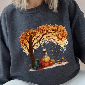 Cute Autumn Cat Wearing Scarf Sweatshirt, Cozy Fall Sweater, Leaves Falling from Tree Jumper, Seasonal Nature Apparel