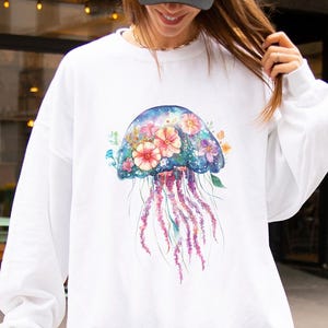 Floral Jellyfish Sweatshirt, Whimsical Ocean Lovers Crewneck Pullover, Comfy Sea Creature Shirt, Boho floral Jellyfish marine gift for her