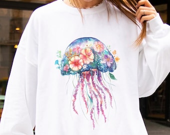 Floral Qualle Sweatshirt, Wunderliche Ozean-Liebhaber Rundhalspullover, bequemes Meeresgeschöpf Shirt, Boho Blumen Qualle marine Geschenk für sie