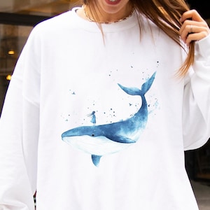 Whimsical Whale Sweatshirt, Fantasy Girl Standing on Whale Summer Pullover, Unique Ocean Animal Jumper, Watercolor Beach Vibes Sweater