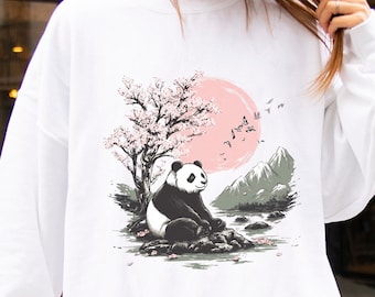 Panda Sweatshirt Vintage Boho Bear Top, Japanese Cherry Blossoms Floral Crewneck Sweater, Gift for Nature Lover, Womens Oversized Sweater