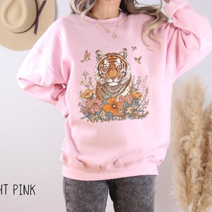 Boho Tiger Sweatshirt, Floral Bengal Tiger Pullover, Vintage Animal Top, Nature Lover Crewneck Sweater, Unique Feminine Zoo Animal Gift Top image 3