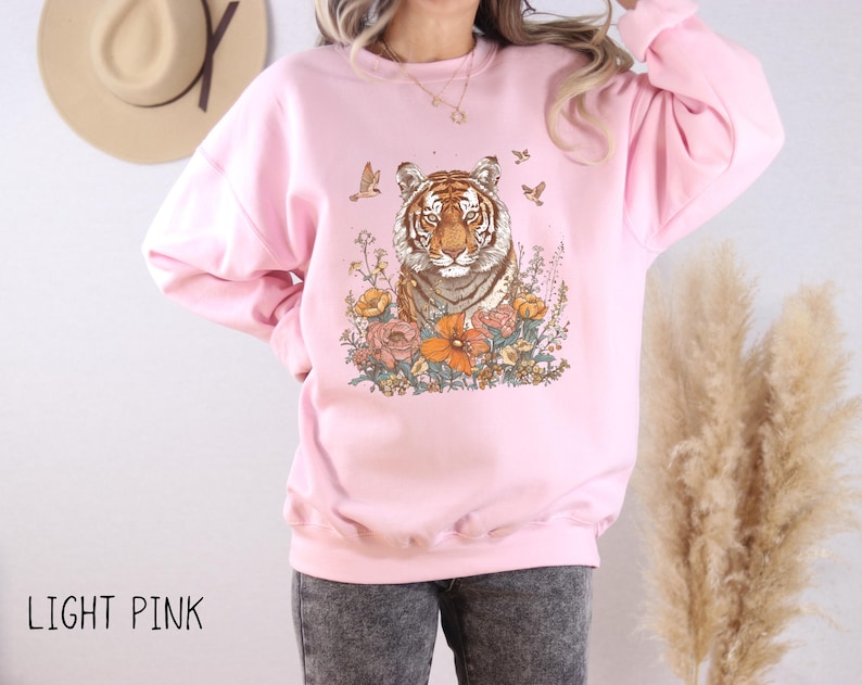 Boho Tiger Sweatshirt, Floral Bengal Tiger Pullover, Vintage Animal Top, Nature Lover Crewneck Sweater, Unique Feminine Zoo Animal Gift Top image 3