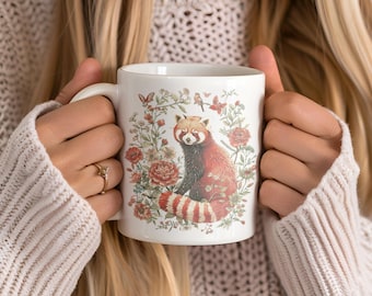 Cute Red Panda Mug, Cottagecore Bear Cat Coffee Cup, Animal Tea Cup, Nature Lover Gift, Floral Red Panda Decor, Wildlife Ceramic Mug