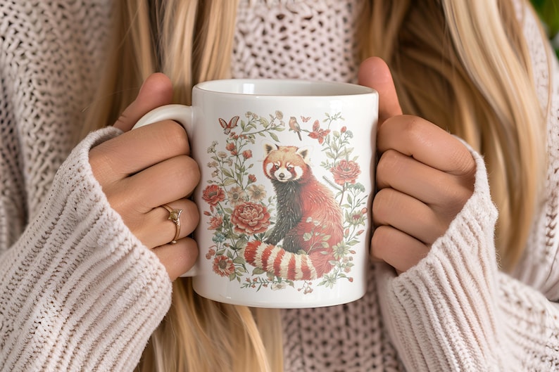 Taza de panda rojo con diseño de oso y gato, estilo cottagecore, taza de té con animales, regalo para amantes de la naturaleza, decoración floral de panda rojo, taza de cerámica con diseño de vida silvestre imagen 1