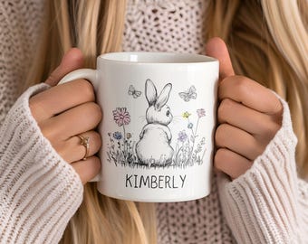 Personalized Cute Easter Bunny mug wildflower Rabbit vintage cup minimalist wildlife coffee cup Spring flowers Woodland Animals Lover Gift
