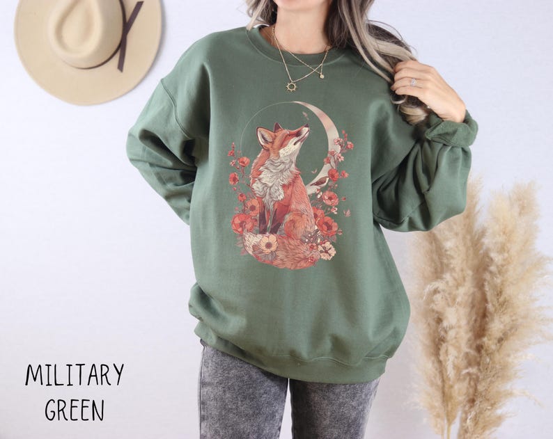 Forestcore Fox Sweatshirt, Cottagecore Floral Fox Comfy Wildlife Pullover, Nature Lover Crewneck, Cute Animal Tops for Spring, Gift for Her image 7