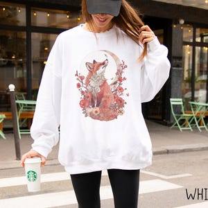 Forestcore Fox Sweatshirt, Cottagecore Floral Fox Comfy Wildlife Pullover, Nature Lover Crewneck, Cute Animal Tops for Spring, Gift for Her image 5