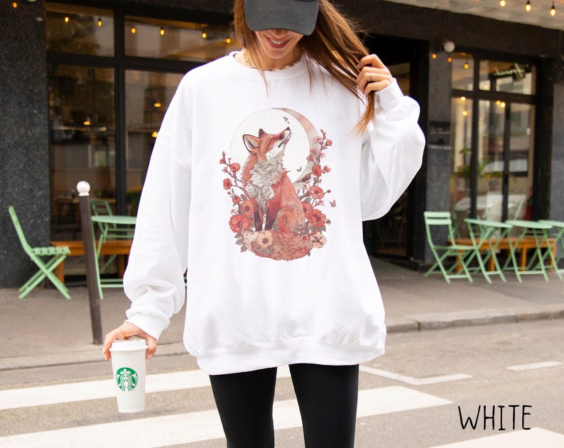 Forestcore Fox Sweatshirt, Cottagecore Floral Fox Comfy Wildlife Pullover, Nature Lover Crewneck, Cute Animal Tops for Spring, Gift for Her image 5