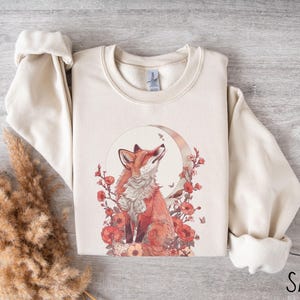 Sudadera Forestcore Fox, cómoda sudadera con estampado floral Cottagecore de zorro y fauna silvestre, cuello redondo para amantes de la naturaleza, lindas camisetas de animales para primavera, regalo para ella