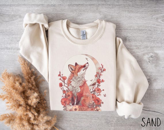 Forestcore Fox Sweatshirt, Cottagecore Floral Fox Comfy Wildlife Pullover, Nature Lover Crewneck, Cute Animal Tops for Spring, Gift for Her