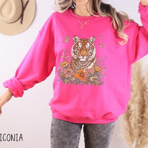 Boho Tiger Sweatshirt, Floral Bengal Tiger Pullover, Vintage Animal Top, Nature Lover Crewneck Sweater, Unique Feminine Zoo Animal Gift Top image 6
