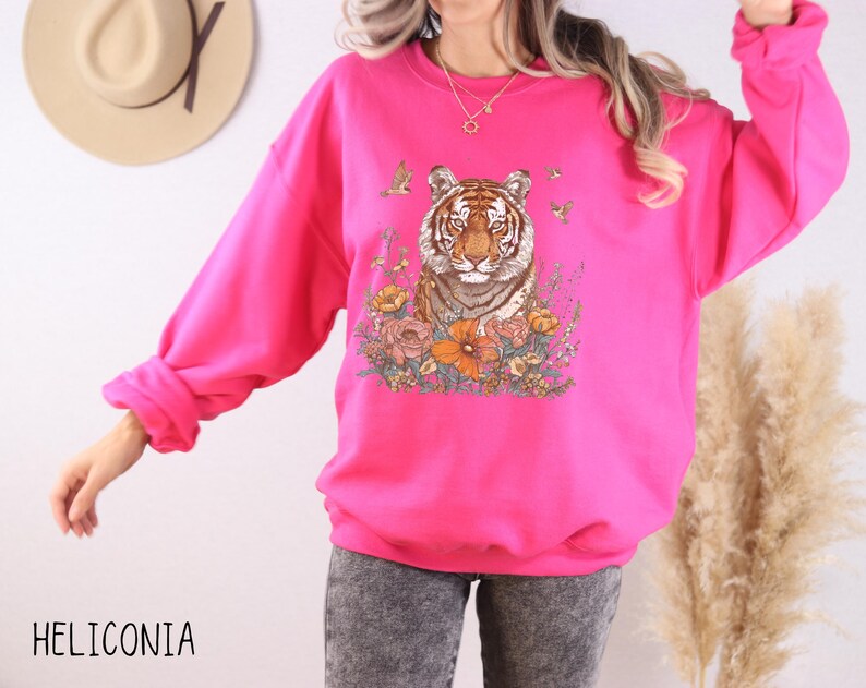 Boho Tiger Sweatshirt, Floral Bengal Tiger Pullover, Vintage Animal Top, Nature Lover Crewneck Sweater, Unique Feminine Zoo Animal Gift Top image 6