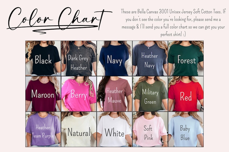K&ouml;nnte beinhalten: Farbkarte mit Bella Canvas 3001 Unisex Jersey Soft Cotton T-Shirts in verschiedenen Farben. Farben sind Schwarz, Dunkelgrau Heather, Navy, Heather Navy, Forest, Maroon, Berry, Heather Mauve, Military Green, Rot, Heather Team Purple, Natural, Wei&szlig;, Soft Pink und Baby Blue.