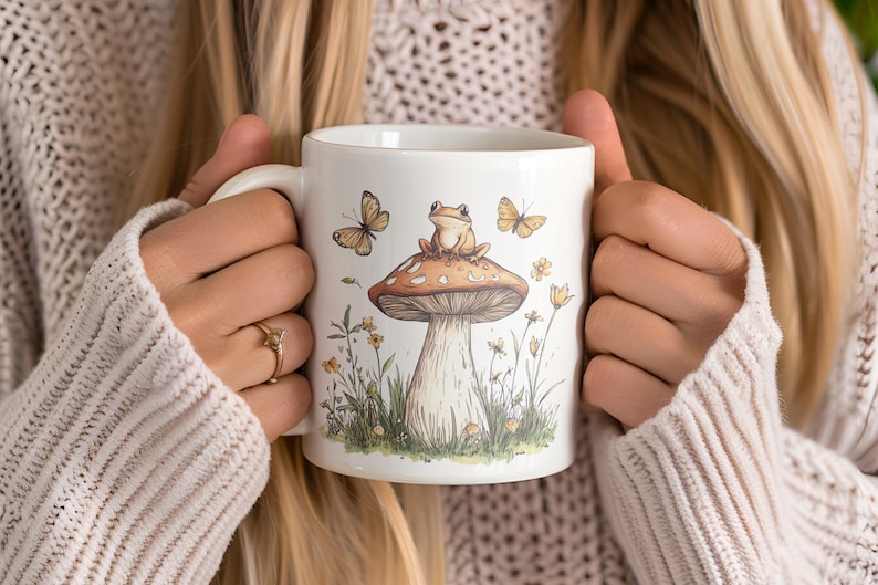 Whimsical Frog Mushroom Coffee Cup, Frog Lover Nature Ceramic Mug, Boho ...