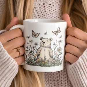 Cottagecore Bear mug, wildflower Bears vintage cup, cute hand drawn bear coffee cup, Spring floral mug, Woodland Animals Lover Gift