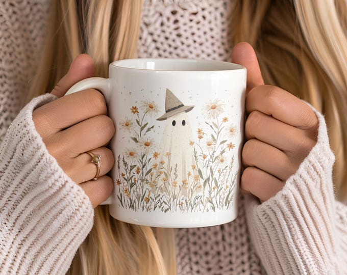Cute Cottagecore Ghost Coffee Mug, Spooky Witchy Mugs for Ghost Lovers, Halloween Gift Cup, Fall Mugs, Wildflower Ghost Mug