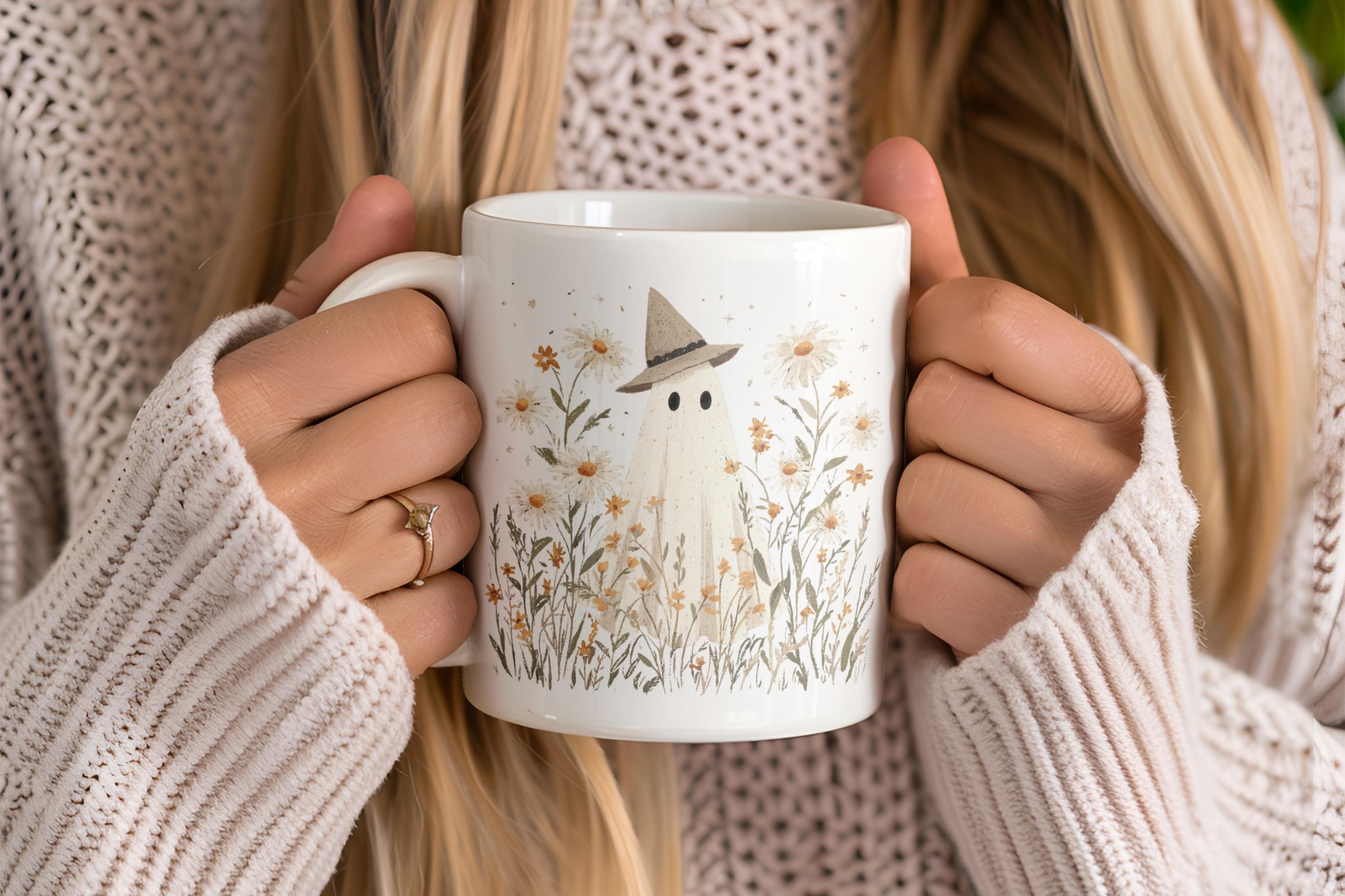 Cute Cottagecore Ghost Coffee Mug, Spooky Witchy Mugs for Ghost Lovers, Halloween Gift Cup, Fall Mugs, Wildflower Ghost Mug