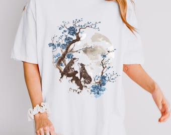 Vintage Wolves Howling at Moon Comfort Colors Retro Style Graphic Tee Shirt, Boho Floral Wolf Tshirt, Unique Gift For Her, Animal Apparel