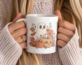 Taza de café fantasma estilo cottagecore: taza retro de Halloween otoñal