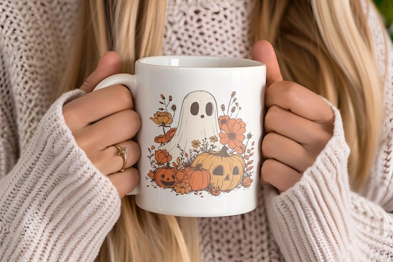 Cottagecore Ghost Coffee Mug: Retro Halloween Fall Cup