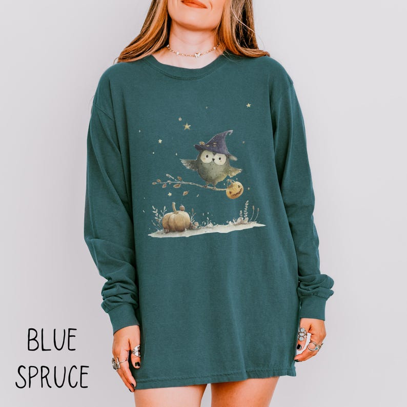 May include: Blue spruce long-sleeve shirt featuring a whimsical Halloween design. The graphic depicts an owl wearing a witch hat, perched on a branch with a pumpkin. The shirt also has the words "BLUE SPRUCE" printed on the bottom.