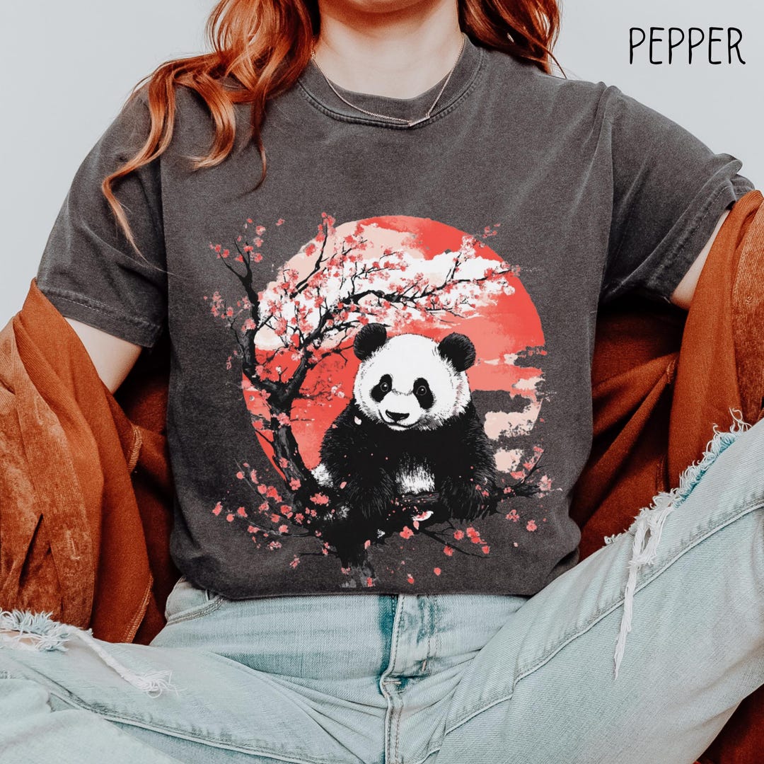 Boho Panda Bear T-Shirt: Vintage Japanese Cherry Blossom Art
