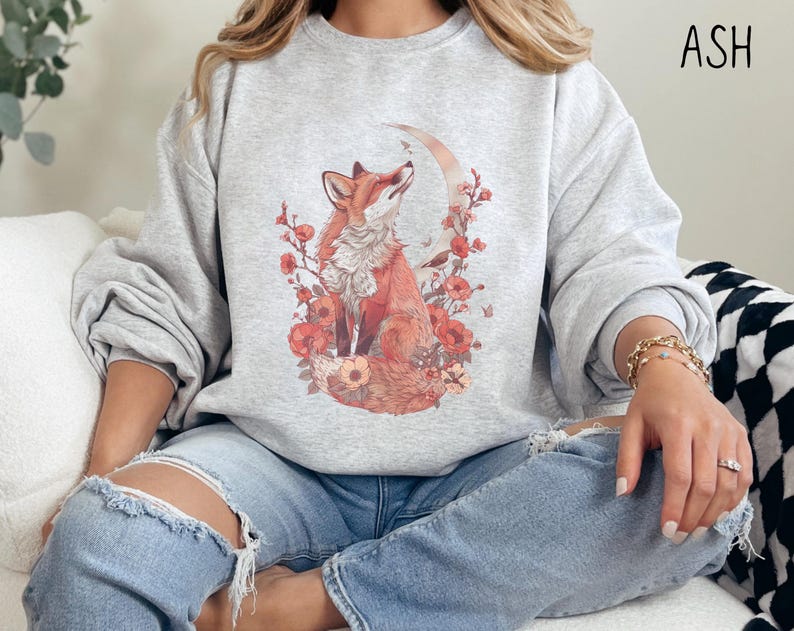 Forestcore Fox Sweatshirt, Cottagecore Floral Fox Comfy Wildlife Pullover, Nature Lover Crewneck, Cute Animal Tops for Spring, Gift for Her image 4