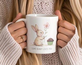 Cute Bunny Flower Coffee Mug, Woodland Rabbit Ceramic Cup, Vintage Style Watercolor Spring Gift for Rabbit Lover, Some Bunny Loves Me Cup