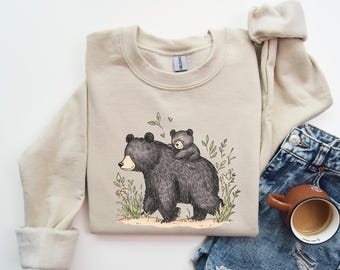 Sudadera de mamá osa, jersey caprichoso de mamá y bebé, jersey bohemio vintage de cuello redondo con oso y animales del bosque, camisetas acogedoras con temática de naturaleza.