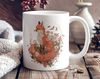 Cottagecore Fox Mug, Vintage Kitsune Fox Mug, Boho Floral Fox Cup, Whimsical Forestcore Animal Mug for Nature Lovers, Unique Gift for Her