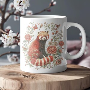 Taza de panda rojo con diseño de oso y gato, estilo cottagecore, taza de té con animales, regalo para amantes de la naturaleza, decoración floral de panda rojo, taza de cerámica con diseño de vida silvestre imagen 2