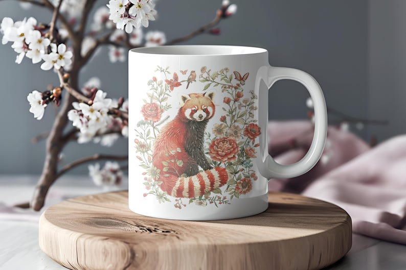 Taza de panda rojo con diseño de oso y gato, estilo cottagecore, taza de té con animales, regalo para amantes de la naturaleza, decoración floral de panda rojo, taza de cerámica con diseño de vida silvestre imagen 2