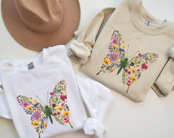 Sudadera vintage con flores y mariposas, suéter bohemio de cuello redondo con flores estilo cottagecore, camisa con motivos naturales, regalo para amantes de las plantas, top extragrande para mujer