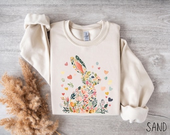 Frühlingshase Bequemes Sweatshirt mit Rundhalsausschnitt zu Ostern, süßes Blumen-Kaninchen-Pullover-Sweatshirt für Naturliebhaber, Geschenk für sie, entspannte Passform