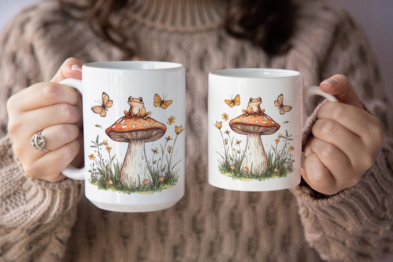 Whimsical Frog Mushroom Coffee Cup, Frog Lover Nature Ceramic Mug, Boho ...