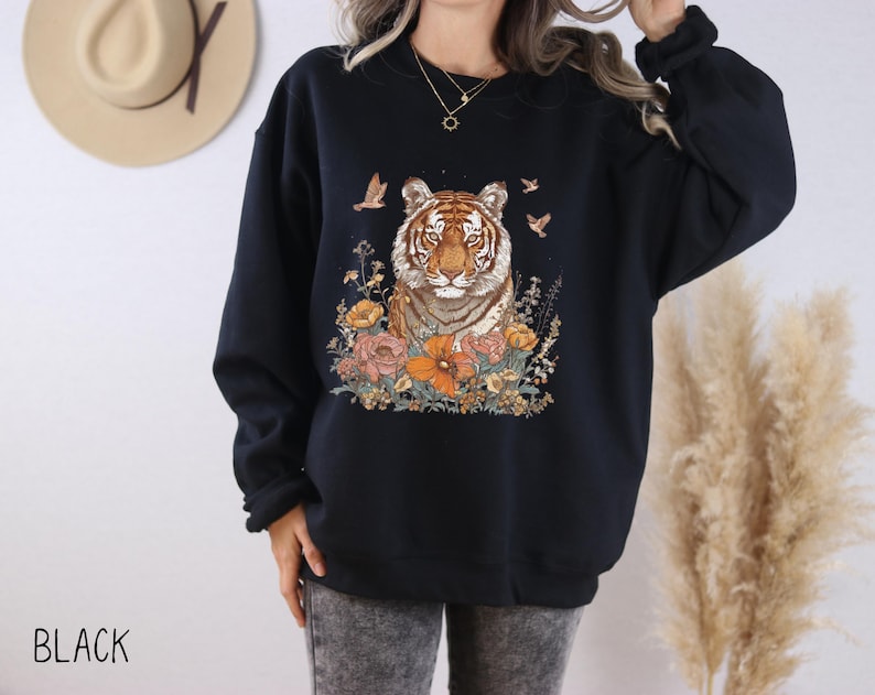 Boho Tiger Sweatshirt, Floral Bengal Tiger Pullover, Vintage Animal Top, Nature Lover Crewneck Sweater, Unique Feminine Zoo Animal Gift Top image 2
