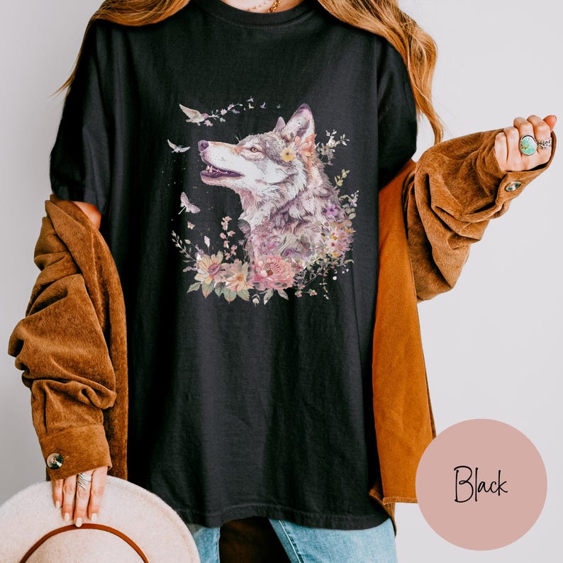 Vintage Wolf Shirt, Comfort Colors Boho Floral Wolf Graphic Tee, Retro Wolves Tshirt, Wilderness and Nature Lover Gift, Comfy Oversized image 3