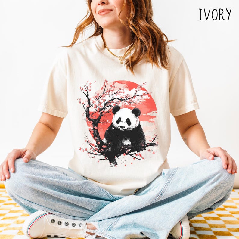 Boho Panda Bär T-Shirt: Vintage Japanische Kirschblüte Kunst Bild 6