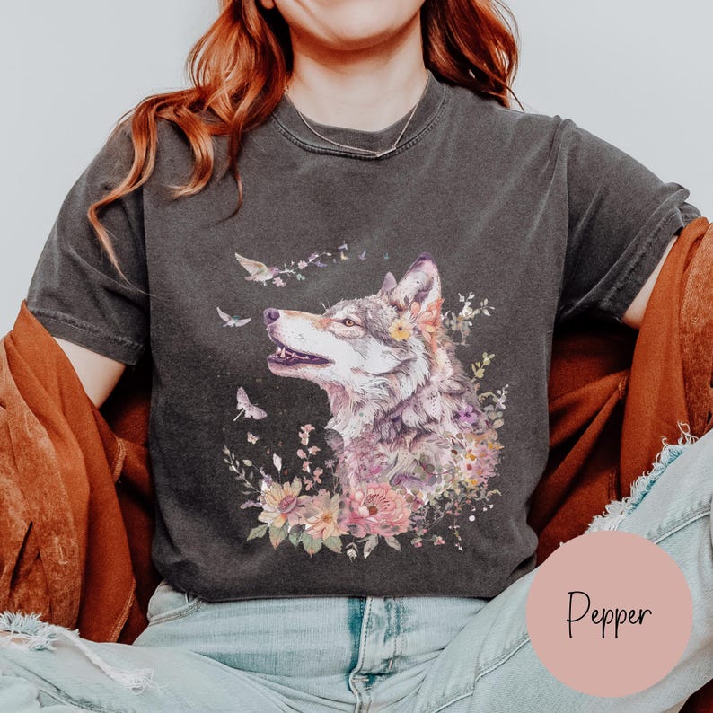 Vintage Wolf Shirt, Comfort Colors Boho Floral Wolf Graphic Tee, Retro Wolves Tshirt, Wilderness and Nature Lover Gift, Comfy Oversized image 2