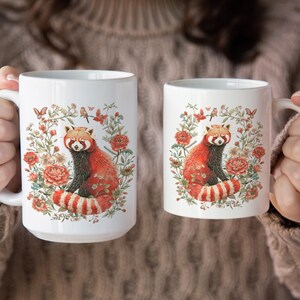 Taza de panda rojo con diseño de oso y gato, estilo cottagecore, taza de té con animales, regalo para amantes de la naturaleza, decoración floral de panda rojo, taza de cerámica con diseño de vida silvestre imagen 3