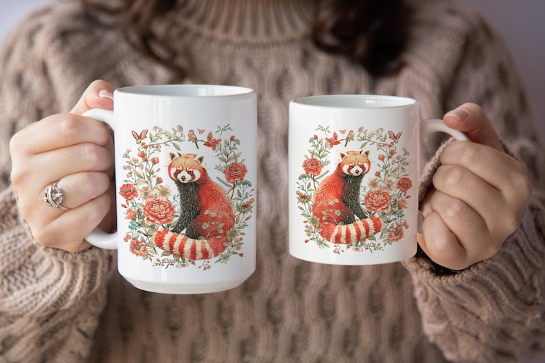 Taza de panda rojo con diseño de oso y gato, estilo cottagecore, taza de té con animales, regalo para amantes de la naturaleza, decoración floral de panda rojo, taza de cerámica con diseño de vida silvestre imagen 3