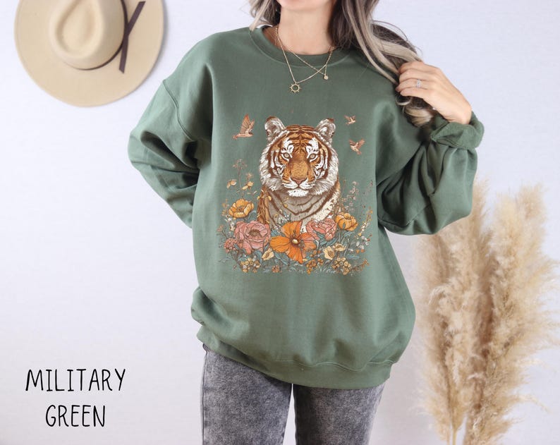 Boho Tiger Sweatshirt, Floral Bengal Tiger Pullover, Vintage Animal Top, Nature Lover Crewneck Sweater, Unique Feminine Zoo Animal Gift Top image 4