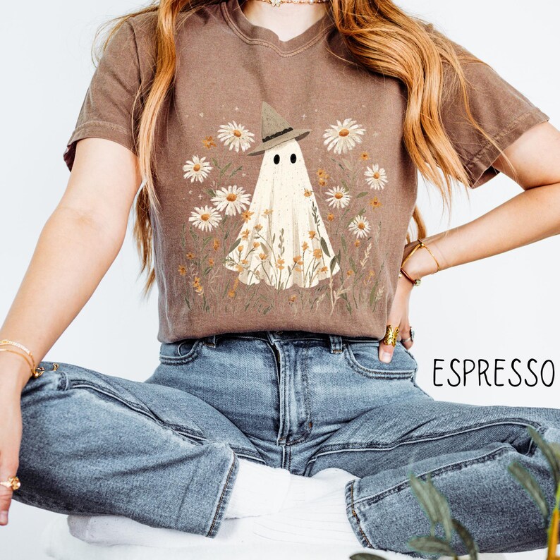 Cute Ghost Shirt, Cottagecore Boho Ghost Comfort Colors Relaxed Fit Unisex Tshirt, Vintage Witchy Shirt, Spooky Apparel, Unique Gift for Her image 2
