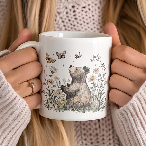 Cottagecore Bear mug, wildflower Bears vintage cup, cute Easter grizzly bear coffee cup, Spring floral mug, Woodland Animals Lover Gift