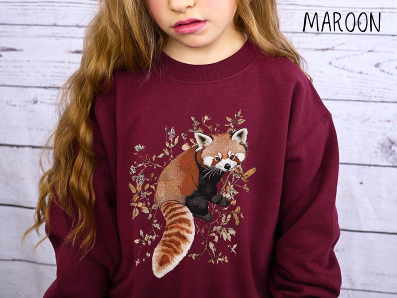 Bluza z nadrukiem Red Panda, bluza z okrągłym dekoltem Boho Red Panda dla młodzieży, śliczny dziecięcy sweter z bambusa, prezent dla miłośnika zwierząt, dziecięcy sweter z misiem zdjęcie 1