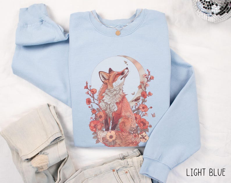 Forestcore Fox Sweatshirt, Cottagecore Floral Fox Comfy Wildlife Pullover, Nature Lover Crewneck, Cute Animal Tops for Spring, Gift for Her image 2