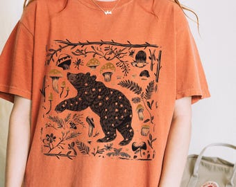 Comfort Colors Folk Art Bear and Mushroom Tshirt | Scandi Art Bear Tee | Boho Animal Shirt | Gift for Nature Lover | Forestcore Bear Tee