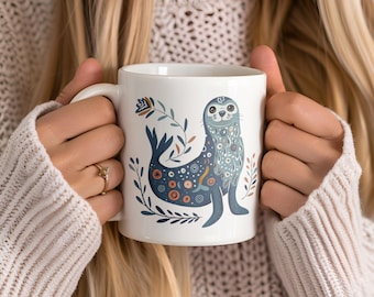 Boho Scandinavian Ocean Seal Ceramic Mug, Scandinavian Seal Coffee Cup, Bohemian Animal Drinkware, Nordic Seal Tea Mug, Seal Lover Gift